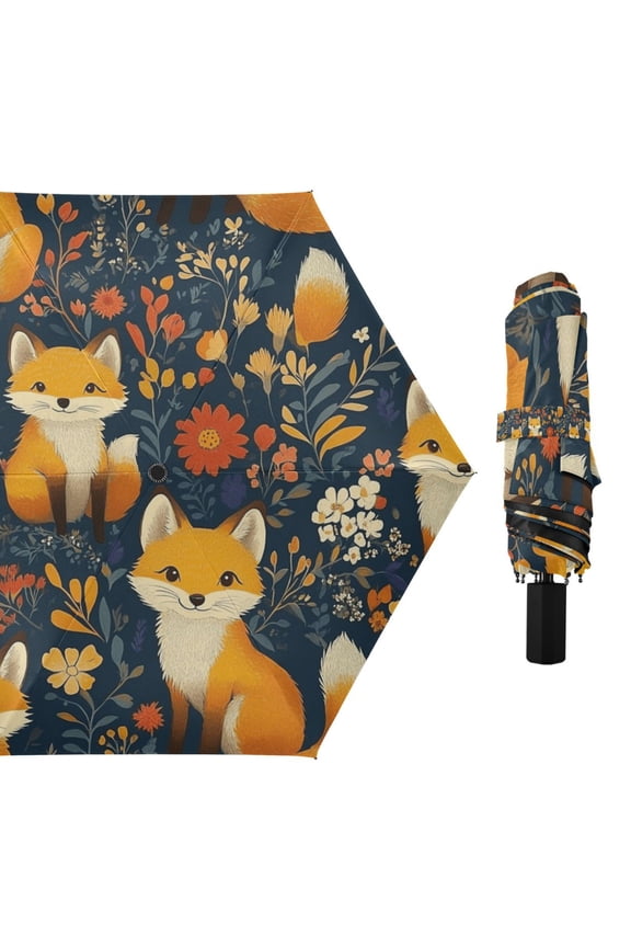 Cute Foxes with Flowers Leaves Compact Sun Umbrella Windproof Travel Umbrellas for Rain Strong Portable UV Protection