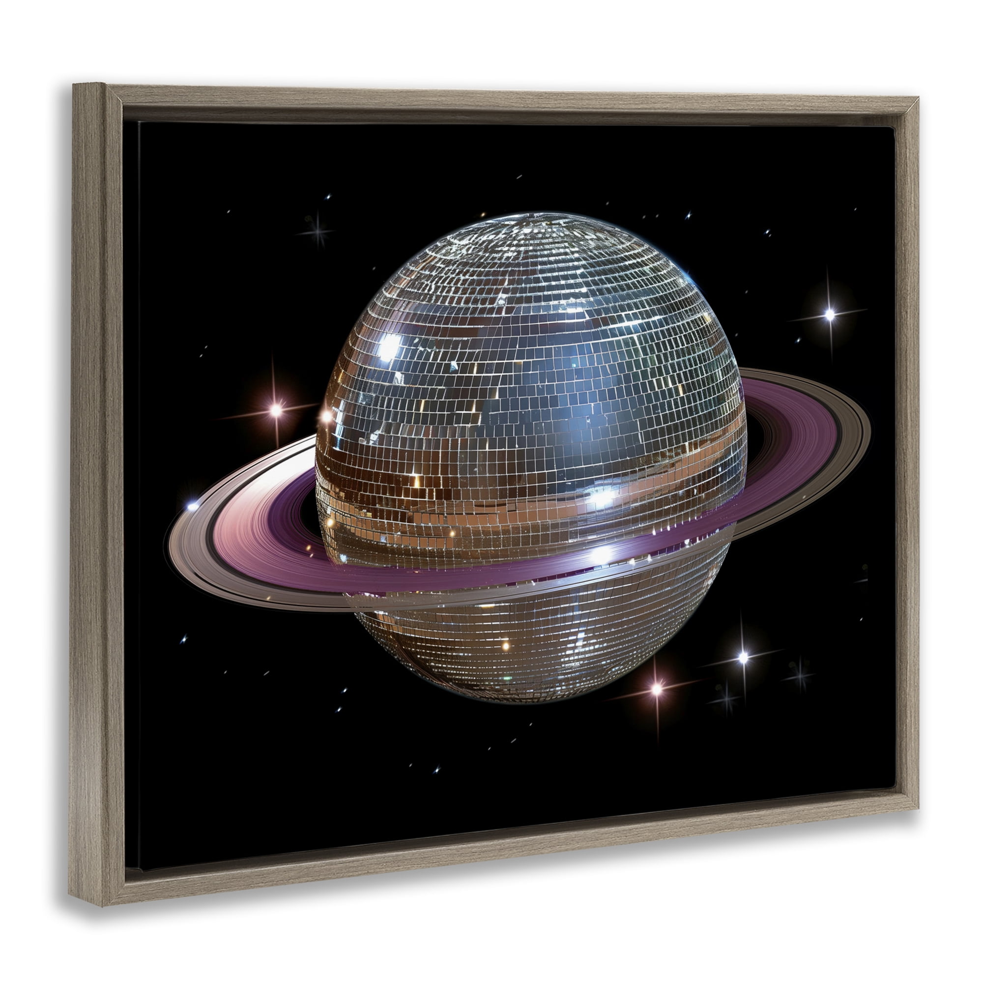 Purple Disco Ball Planet Brown Framed Floater Canvas Wall Art, design by Decent Exposures