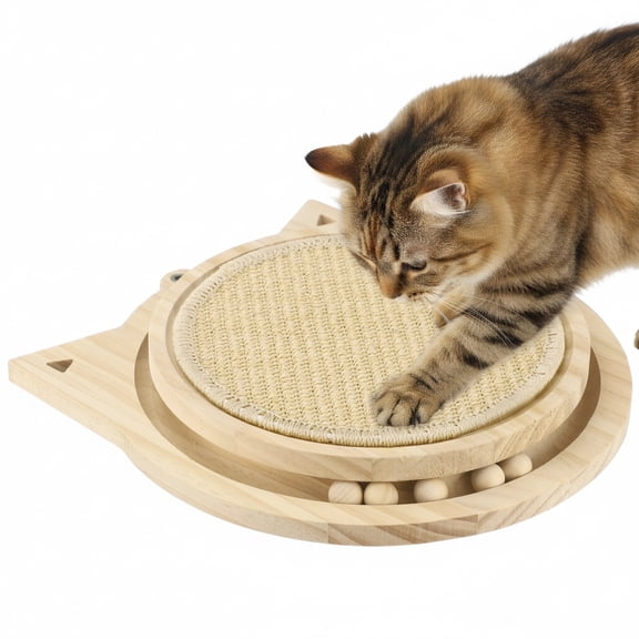 3-in-1 Cat Scratcher, Round Natural Sisal Cat Scratching Pad, Kitten Interactive Toy with Ball Track & Spring Ball, Cat Toy for Indoor Cats, Ideal for Chasing, Hunting