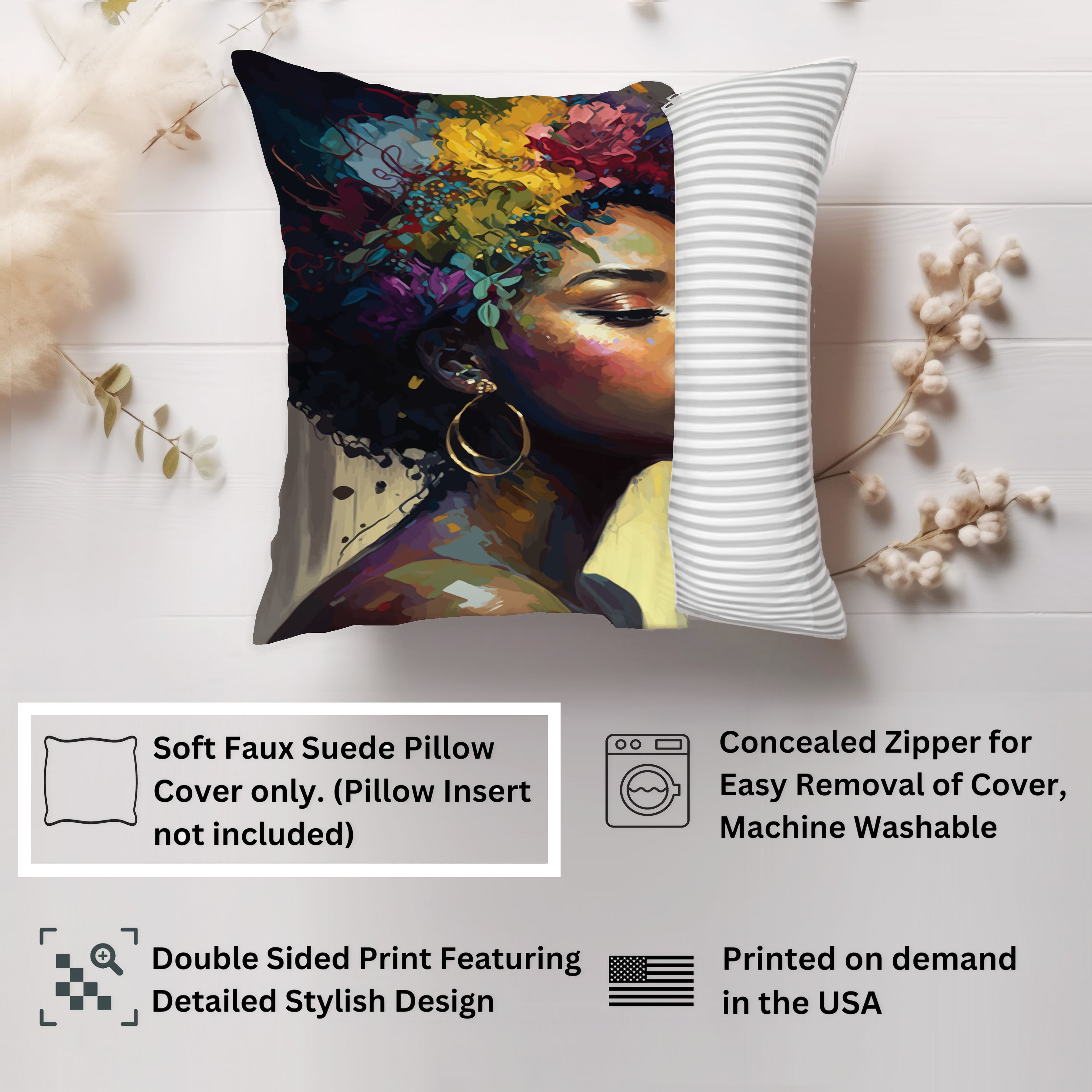 Ethan Taylor People & Portraits Throw Pillow Soft Cushion Cover 'Black Woman Portrait, African American Art Female Portraits' Modern Decorative Square Accent Pillow Case, 16x16 Inches, Brown, Green - image 2 of 5