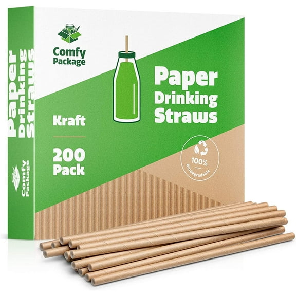 Gusto Kraft Paper Straws Disposable Biodegradable Drinking Straws, 200-Pack