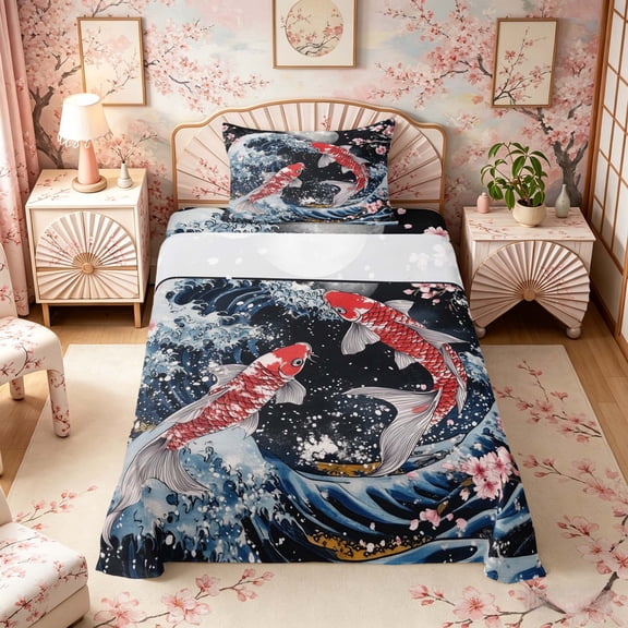 Manfei Japanese Koi Moon Twin Sheet Sets for Girls, Night Wave Bedding, Blue Red 3pcs, 1 Flat Sheet, 1 Fitted Sheet and 1 Pillowcase