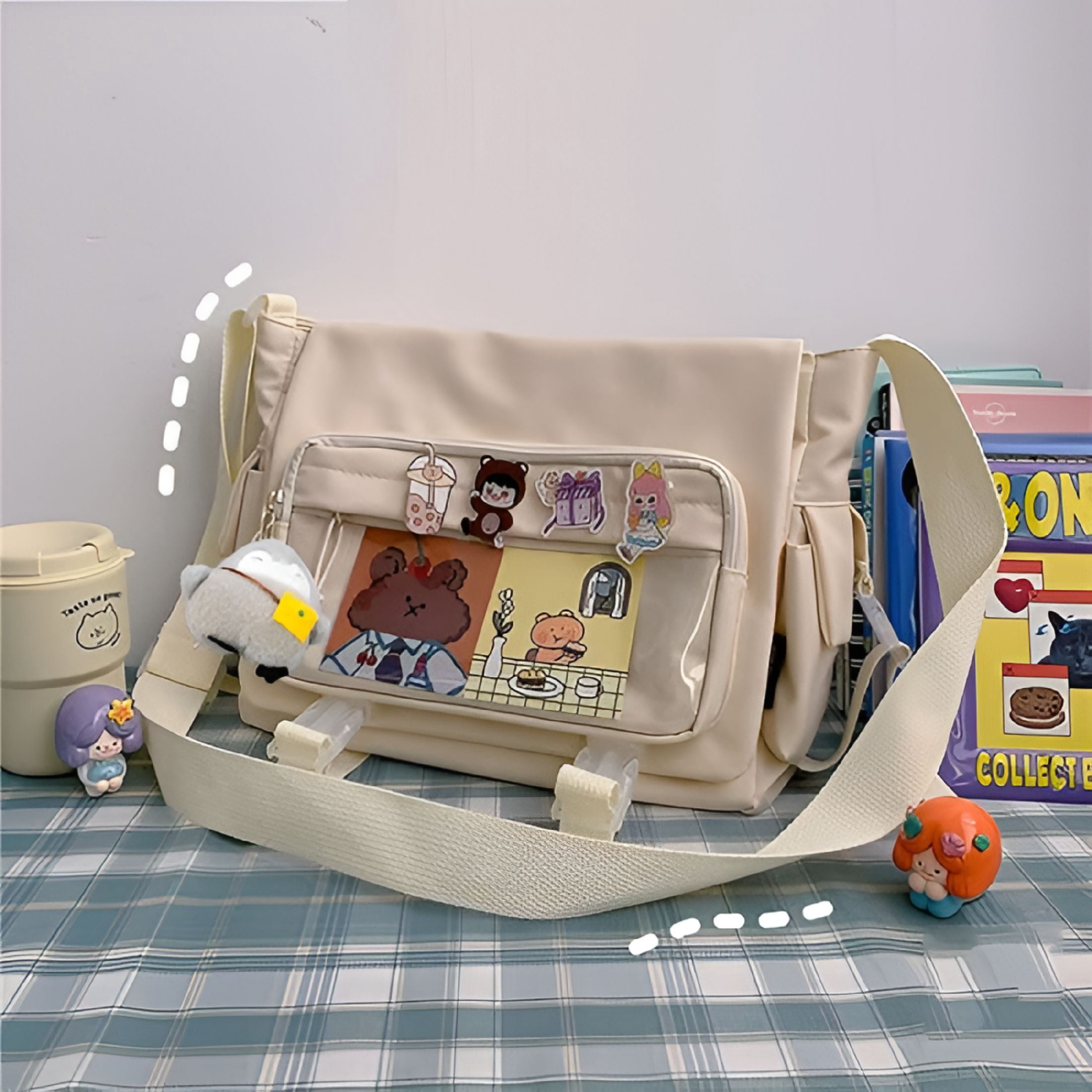 GASTROPOD Kawaii Crossbody Ita Bag for Women with Pin and Plush Penguin,Cute Messenger Bag Japanese Crossbody Bag