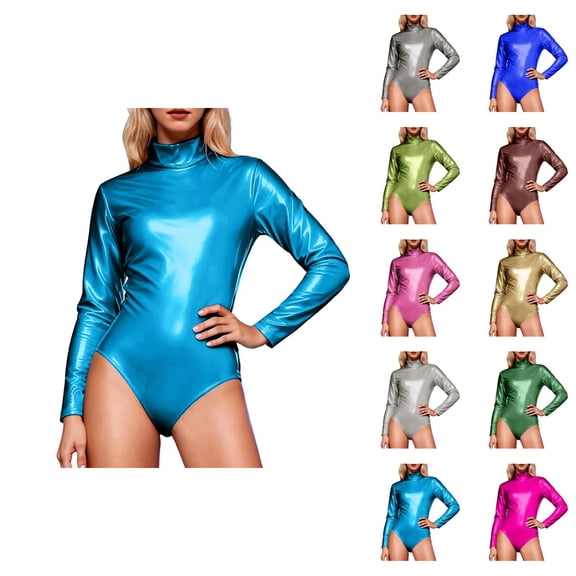 Elegant Style High Neck Long Sleeve Dance Unitard, Women Shiny Metallic Leotard Turtleneck Bodysuit for Stage Performance Gymnastics Ballet One Piece