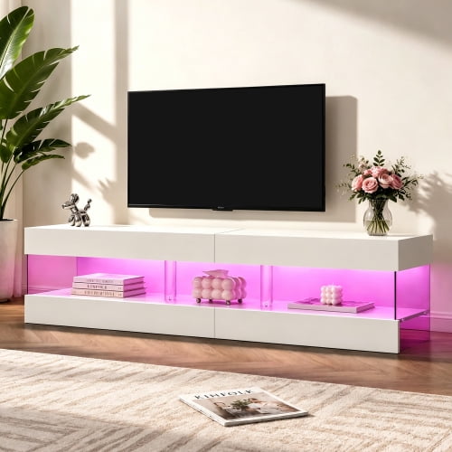 TV Stand for 70 Inch TV, LED Gaming Entertainment Center, Media Console Table for Living Room, White