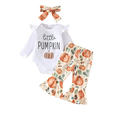 

Suealasg Infant Baby Girl Halloween Outfit Long Sleeve O Neck Romper Pumpkin Print Pants Headband Sets 3Pcs Newborn Girl Halloween Clothes Set