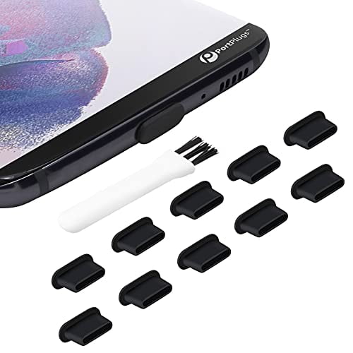 PortPlugs USB C Port (10 Pack) Dust Plugs Compatible with Samsung Galaxy s21, s20, Plus, Ultra, Note Pixel, MacBook, USB c Dust Cover for Android, Includes Cleaning Brush (Blac