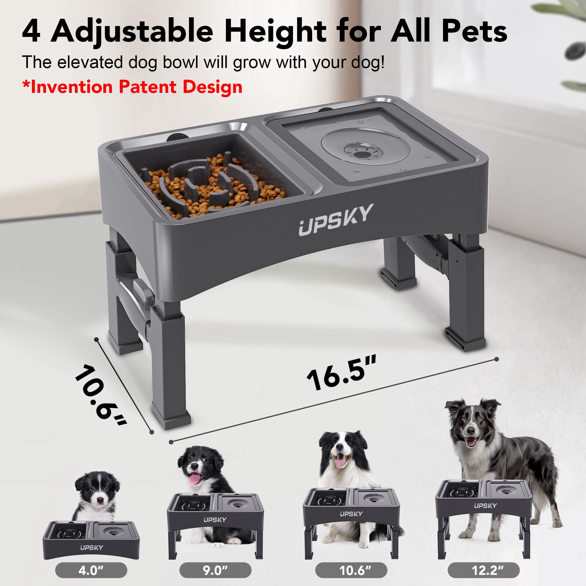 UPSKY 2-in-1 Elevated Dog Bowls Slow Feeder, 4 Height Adjustable Raised Dog Bowl Stand No Spill Dog Water Bowl Dispenser, Anti-Slip Dog Food and Water Bowl for Small Medium Dogs.