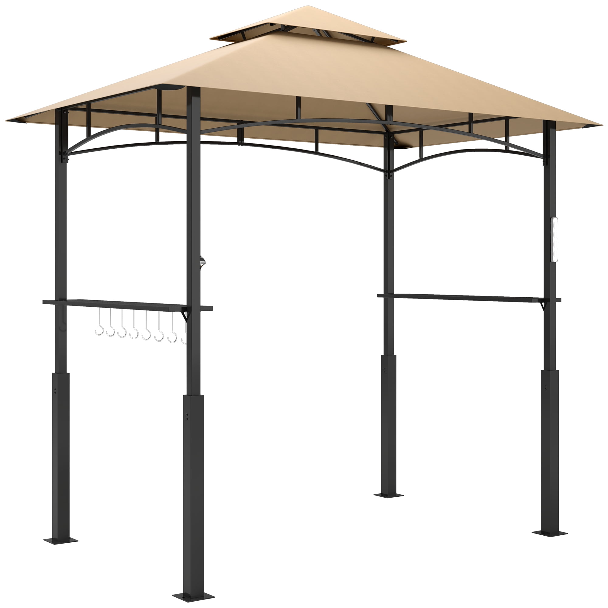 Outsunny 8' x 5' Grill Gazebo, Double Tiered Outdoor BBQ Gazebo with LED Light, 2 Side Shelves, Hooks and Bottle Opener for Patio Yard, Dark Brown