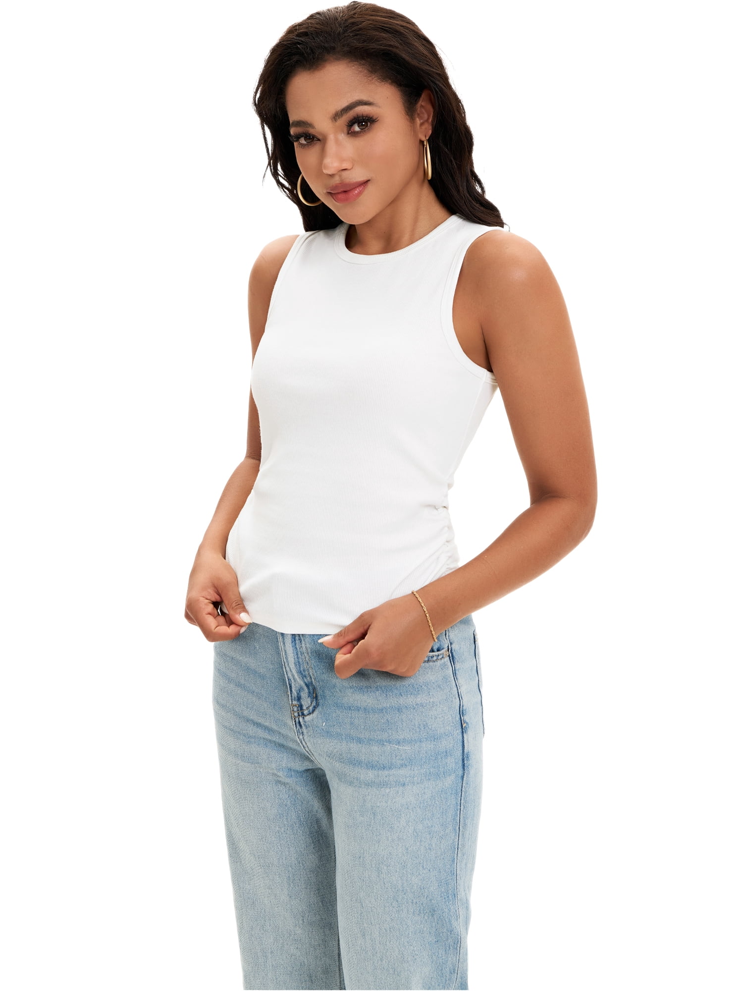 DARING DIVA Women's Summer Ribbed High Neck Casual Basic Tank Tops L White