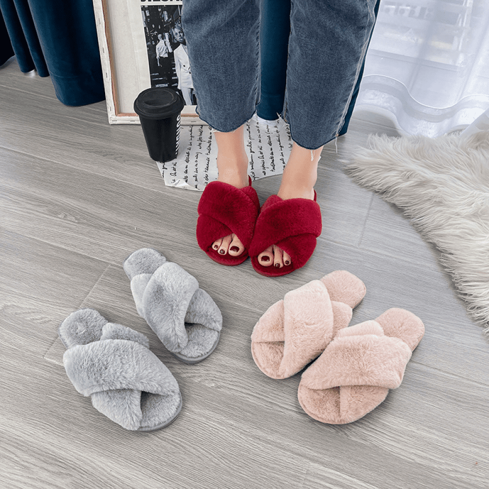 Women's Cross Band Fuzzy Slippers Plush Furry House Slippers Bridesmai –  ChicSew