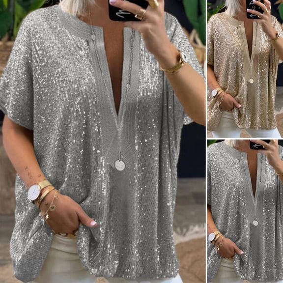 Joernso T-shirt Sequins Loose Female Women Short Sleeve Oversize Blouse for Daily Life