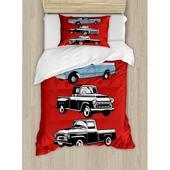 Truck Twin Size Duvet Cover Set, Vintage Pickup Vehicle Designs on Abstract Ruby Background Inner City Transport, Decorative 2 Piece Bedding Set with 1 Pillow Sham, Ruby Blue White, by Ambesonne