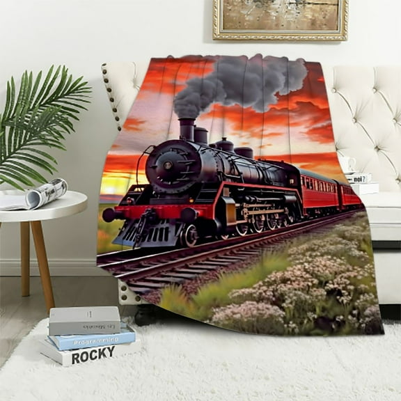 COMIO Train Steam Engine Throw Blanket Flannel for Couch Bed Sofa Soft Cozy Lightweight Bed Blanket Gift for Kids and Adults