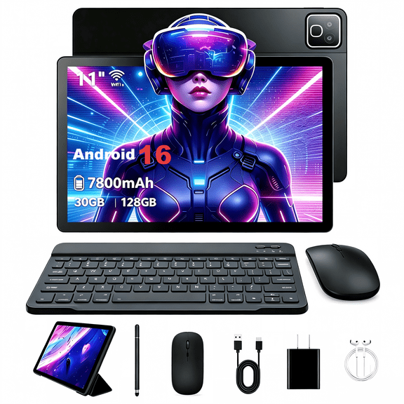 BUFO 11 Inch Tablet with Keyboard set, 30GB RAM 128GB ROM, 2000x1200 IPS HD Display, Dual Camera, 7800mAh, Black
