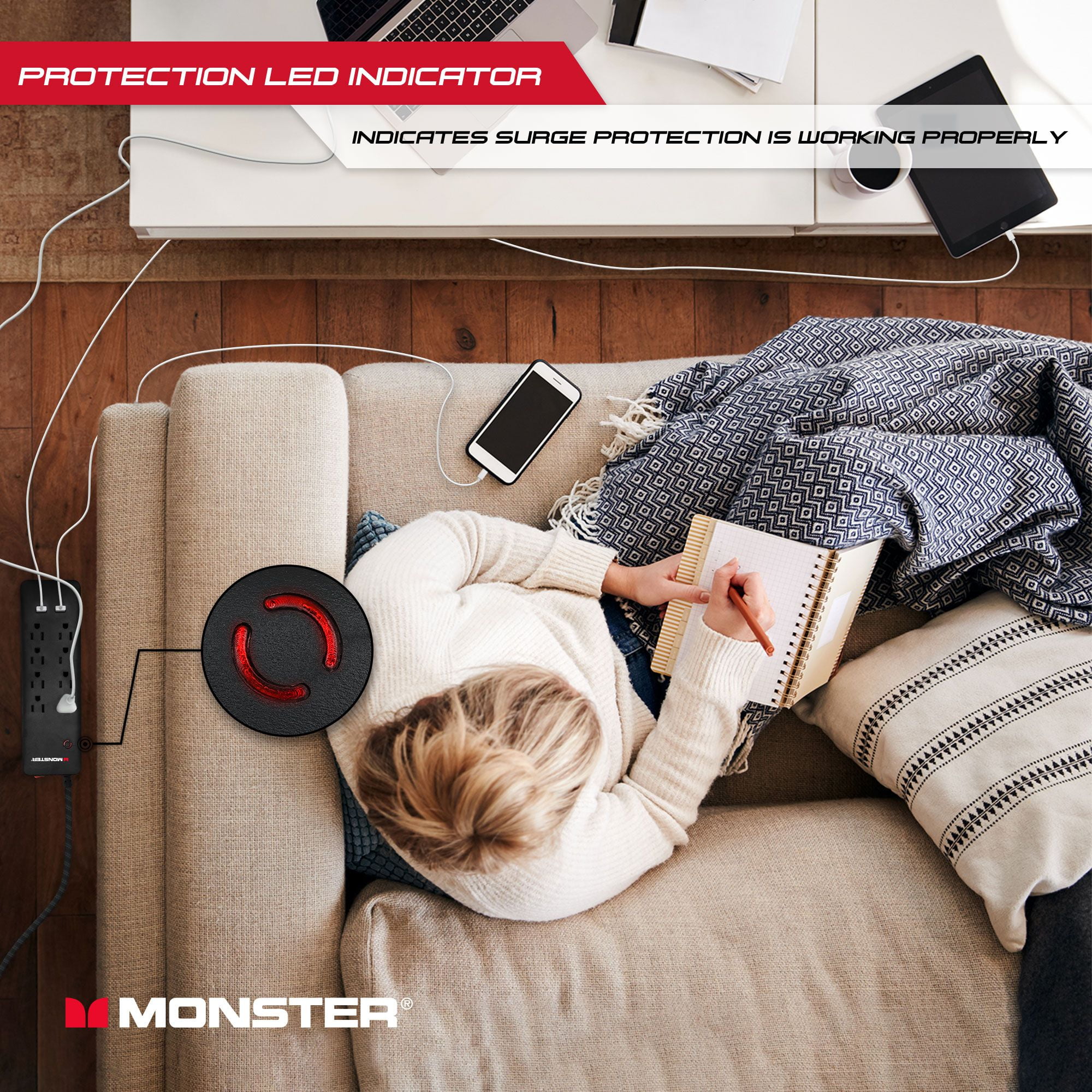 Monster 2000J Surge Protector 8 Grounded Outlets & 2 USB Ports with a 6’ Nylon Braided Extension Cord