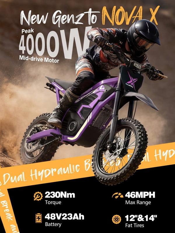 ESKUTE NOVAX Electric Dirt Bike for Adults/Teens, 4000W 46MPH Fast Electric Motorcycle, 48V 22.8Ah Long Range Battery, Full Suspension, Hydraulic Brakes, Purple with Lock, UL2849