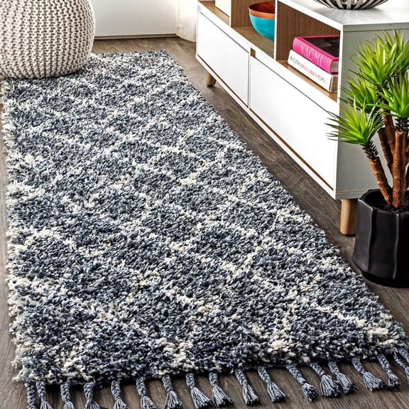 JONATHAN Y MCR104A-28 Mercer Shag Plush Tassel Moroccan Geometric Trellis Denim Blue/Cream 2 ft. x 8 ft. Runner Rug