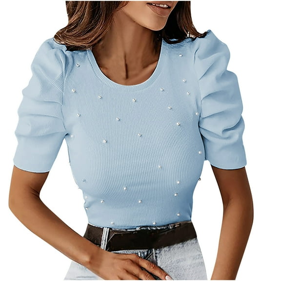 RYRJJ Women's Tops Elegant Pearl Embellished Puff Short Sleeve Embroidered Blouse Tops Trendy Slim Fit Knit Ribbed Summer Shirts(Sky Blue,S)