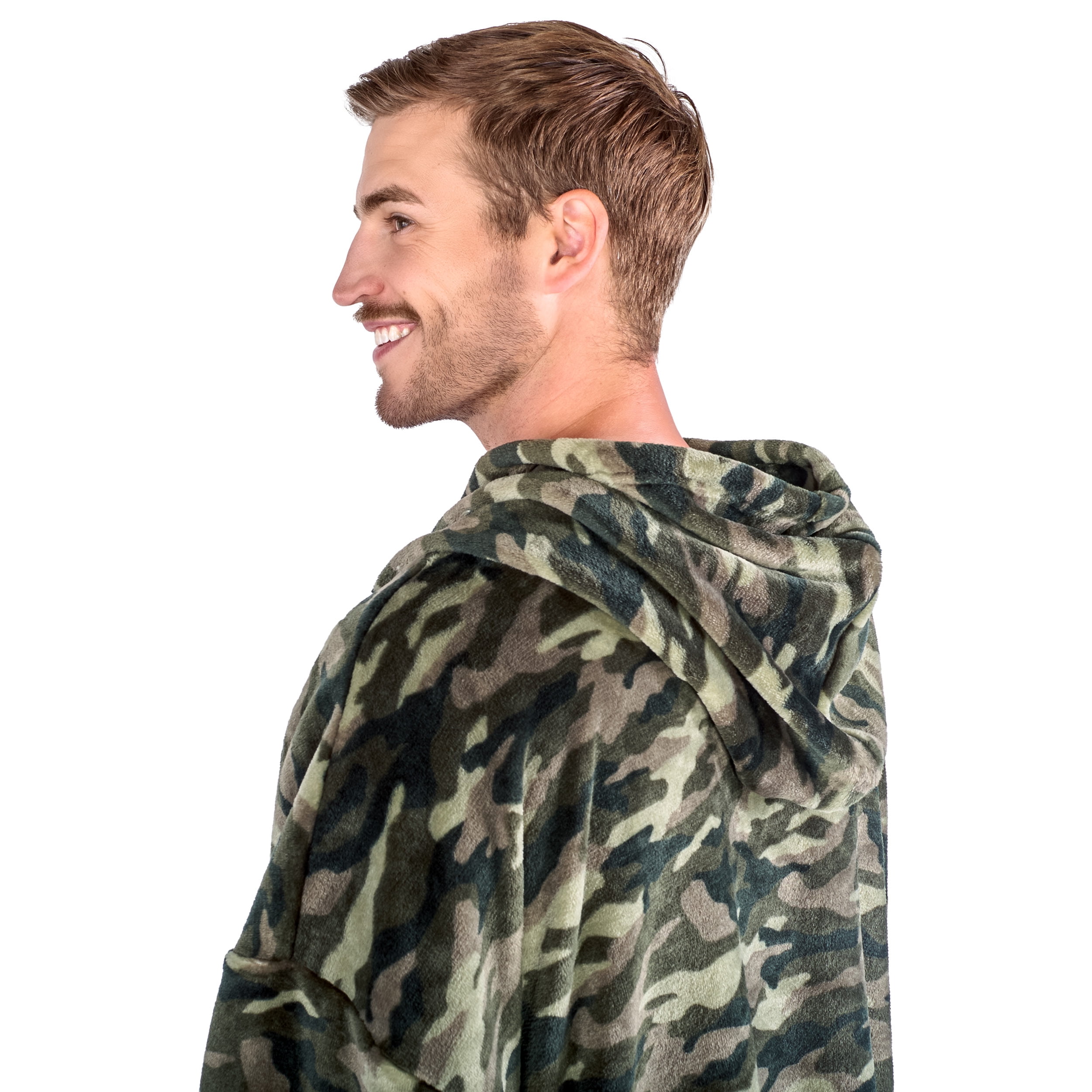 Bare Homey Adult Size Microplush Wearable Blanket - Zipper Side Pockets - Warm - Velvety Soft, Camo - Green
