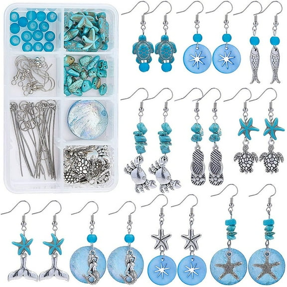 DIY Ocean Theme Earring Making Kits inclu Glass & Synthetic Turquoise Beads Shell Pendants Alloy Pendants & Beads & Cabochons Brass Earring Hooks Antique Silver & Platinum