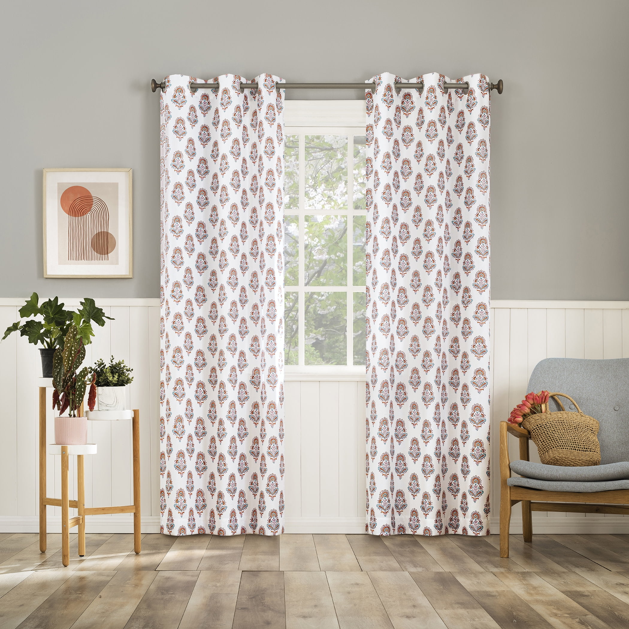 No. 918 Avie Global Medallion Semi-Sheer Grommet Curtain Panel, 40"x63", Apricot Orange