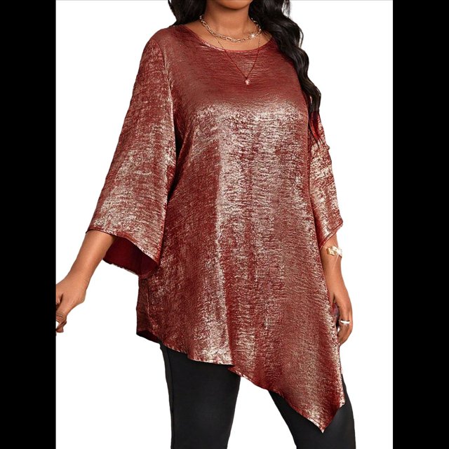 Blusa Holgada con Cuello Redondo y Mangas de Puntos, Dobladillo Irregular, Talla Grande 2025 para Mujer Rojo Púrpura XXXL