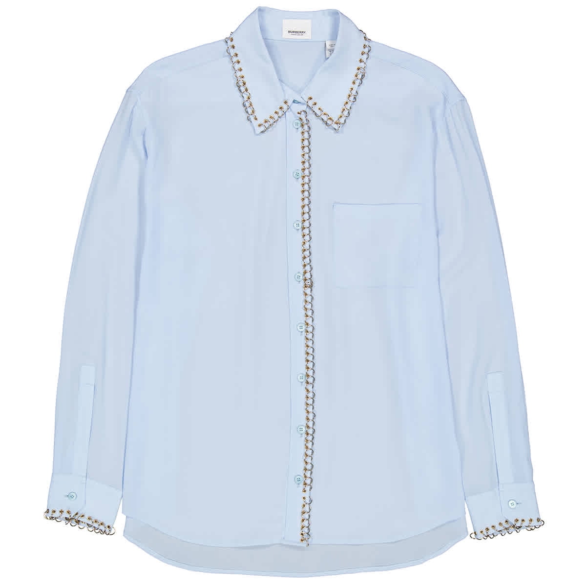 Burberry Pale Blue Silk Crepe Ring-pierced Shirt, Brand Size 8 (US Size 6)  