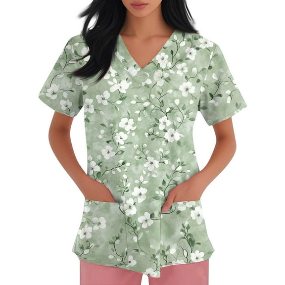 Womens Animals Printed Nurse Uniforms 2025 Scrub Tops, Short Sleeve Scrub V Neck Shirt with Pockets L 01-Green