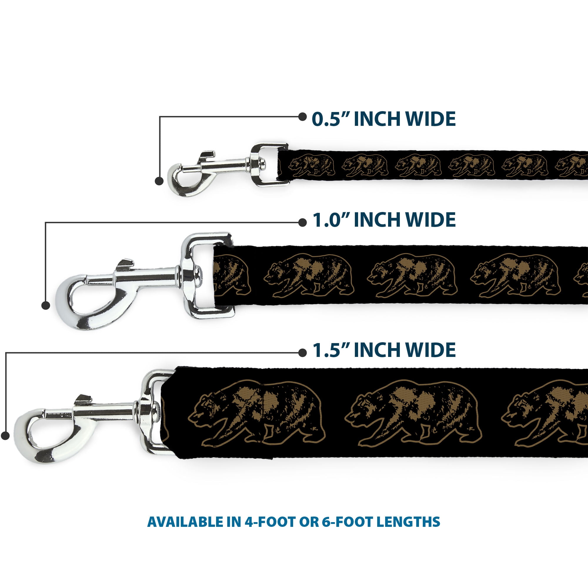 Buckle-Down Pet Leash, Dog Leash, California Grizzly Bear Outline Black Brown, 6 Feet Long 1.0 Inch Wide