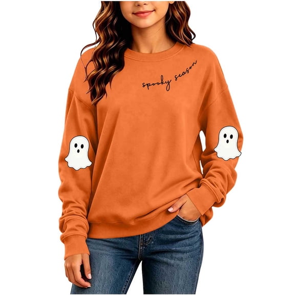 Atogsazn Children's Girls Halloween Sweatshirt Kids Casual Oversized Ghost Print Long Sleeve Sweaters Fall Winter Tops Orange 7-8 Years Fashion