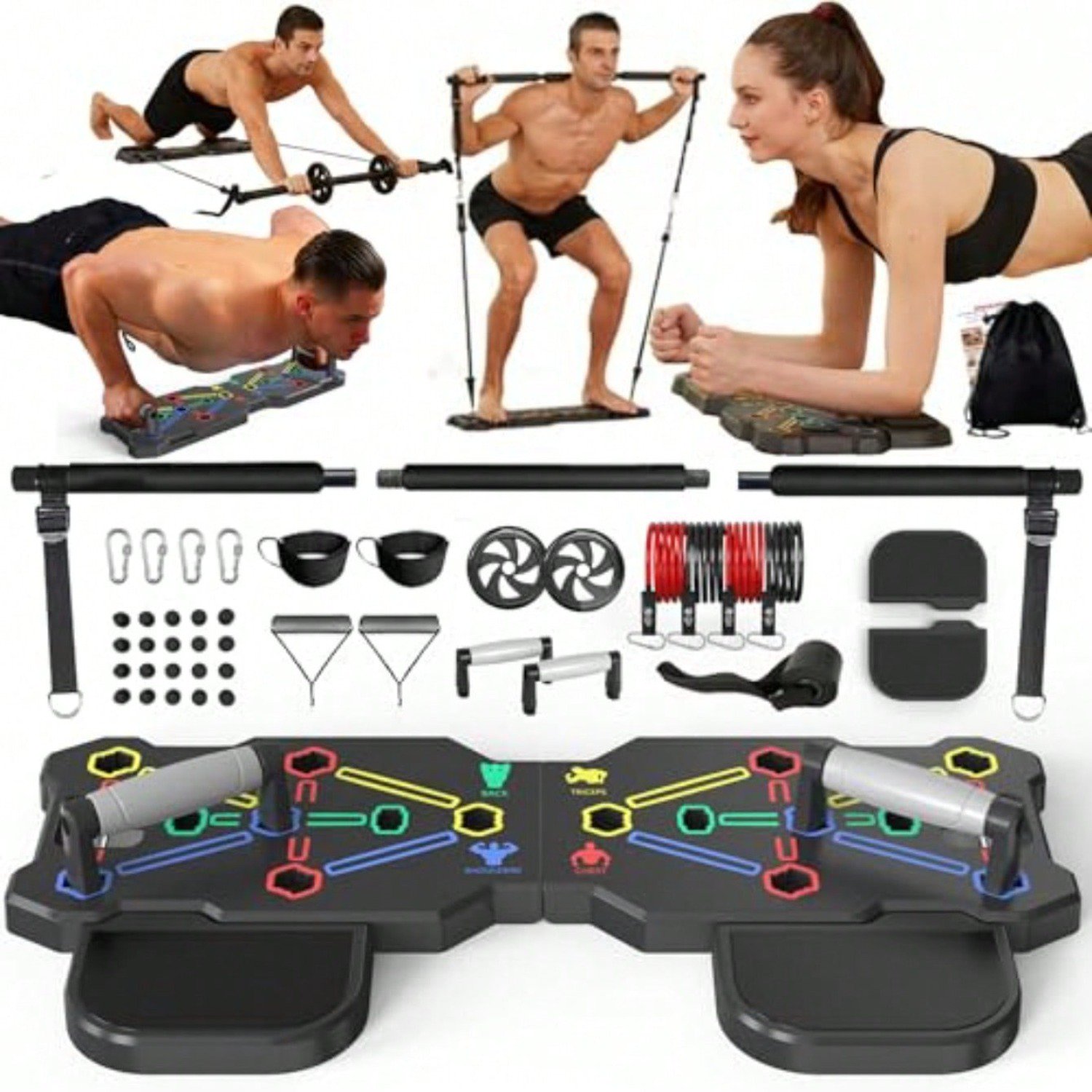 PLKJ Black Portable Workout Equipment With 20 Gym Accessories, Push Up Board And Plank Trainer, Resistance Bands With Ab Wheel, Exercise At Home For Men And Women