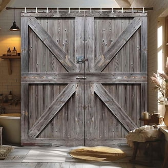 Rustic Barn Door Shower Curtain – Sunflower Floral Vintage Western, 72x72 Inch-627497
