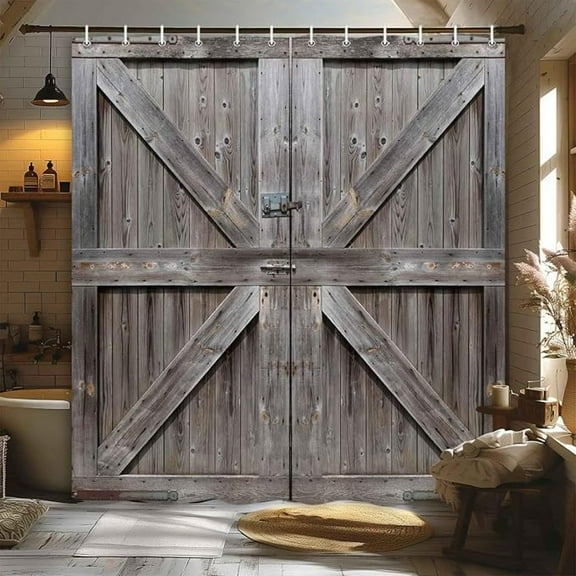 Rustic Grey Barn Door Shower Curtain, Vintage Farmhouse Country Shower Curtain Set For Bathroom, Waterproof Fabric Bath Curtains Home Decor 36"W x 72"L