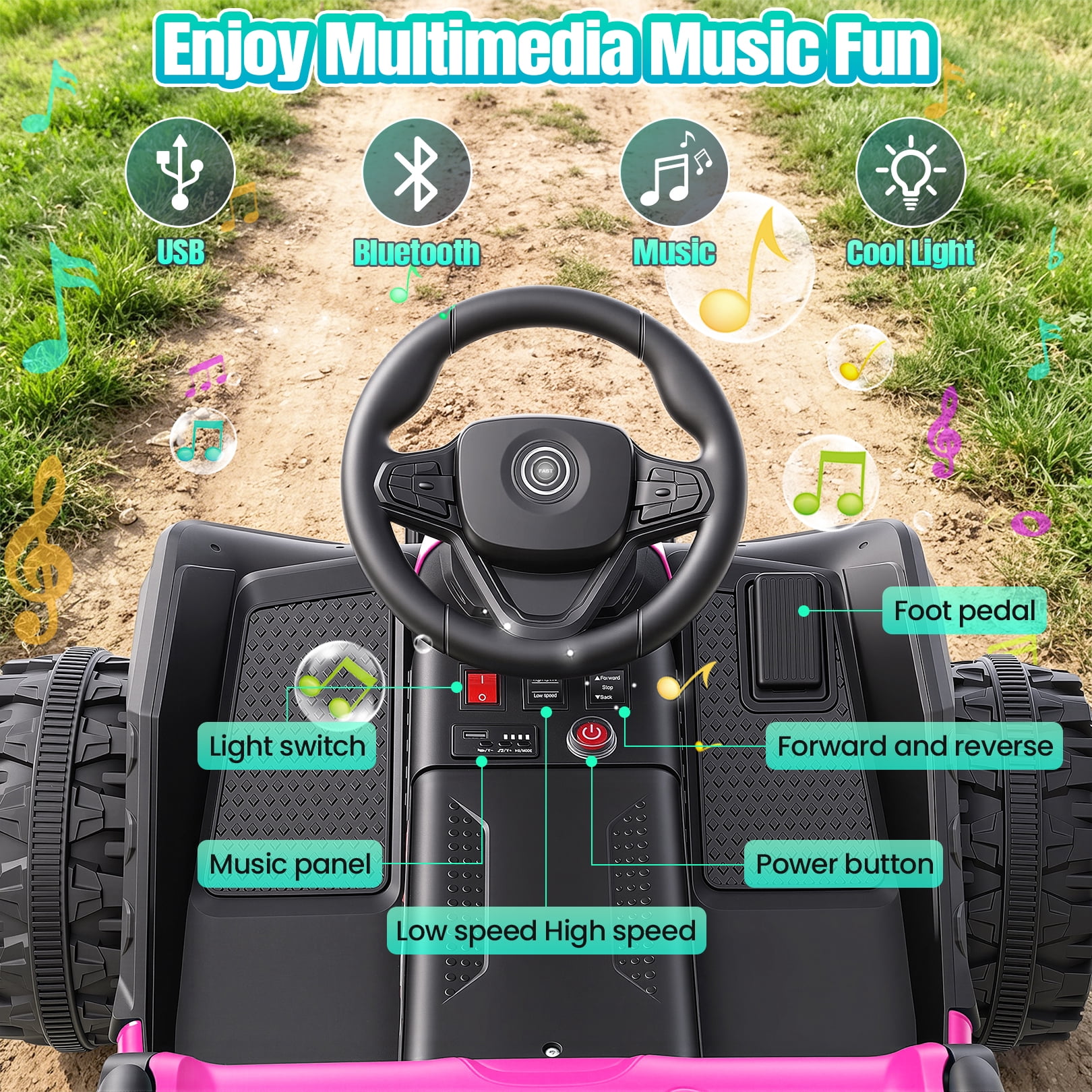 VIBESPARK 24V Ride on Toys with Remote Control, 3 in 1 Ride on Car, Ride on Tractor for Kids with Trailer, 6 Wheel Kids Electric Car w/ Bluetooth, MP3, Music, Pink