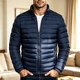 thumbnail image 2 of Men Stand Collar Puffer Jacket Full Zip Packable Quilted Outerwear Zipper Side Pockets Warm Casual Coat for Daily Commute Travel Camping Cold Weather Outdoor Wear Blue M, 2 of 6