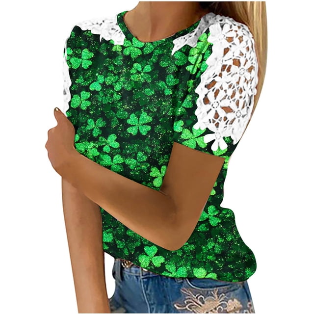 Camisas de Manga Corta para las Mujeres Impresión Cuello Redondo Suéter Encaje Blusa, Top Casual para el Hogar Y Diario