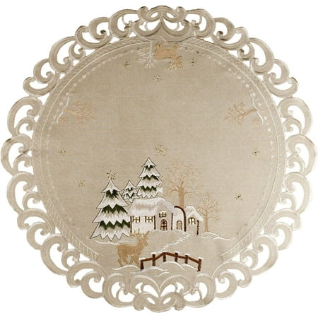 

Embroidered Rustic Beige Christmas Winter Snow Scene Round Doily Placemat Small Table Topper (24 Inch Round)