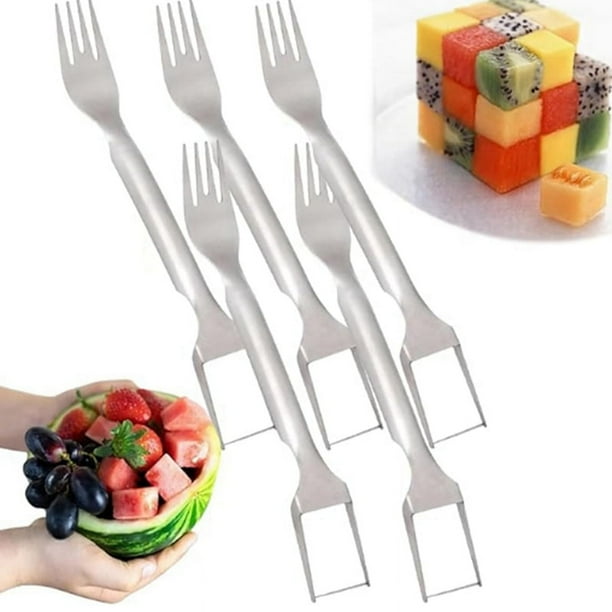 Cortador de frutas de acero inoxidable 2 en 1, herramienta cortadora de sandía doble, cortador portátil con tenedor