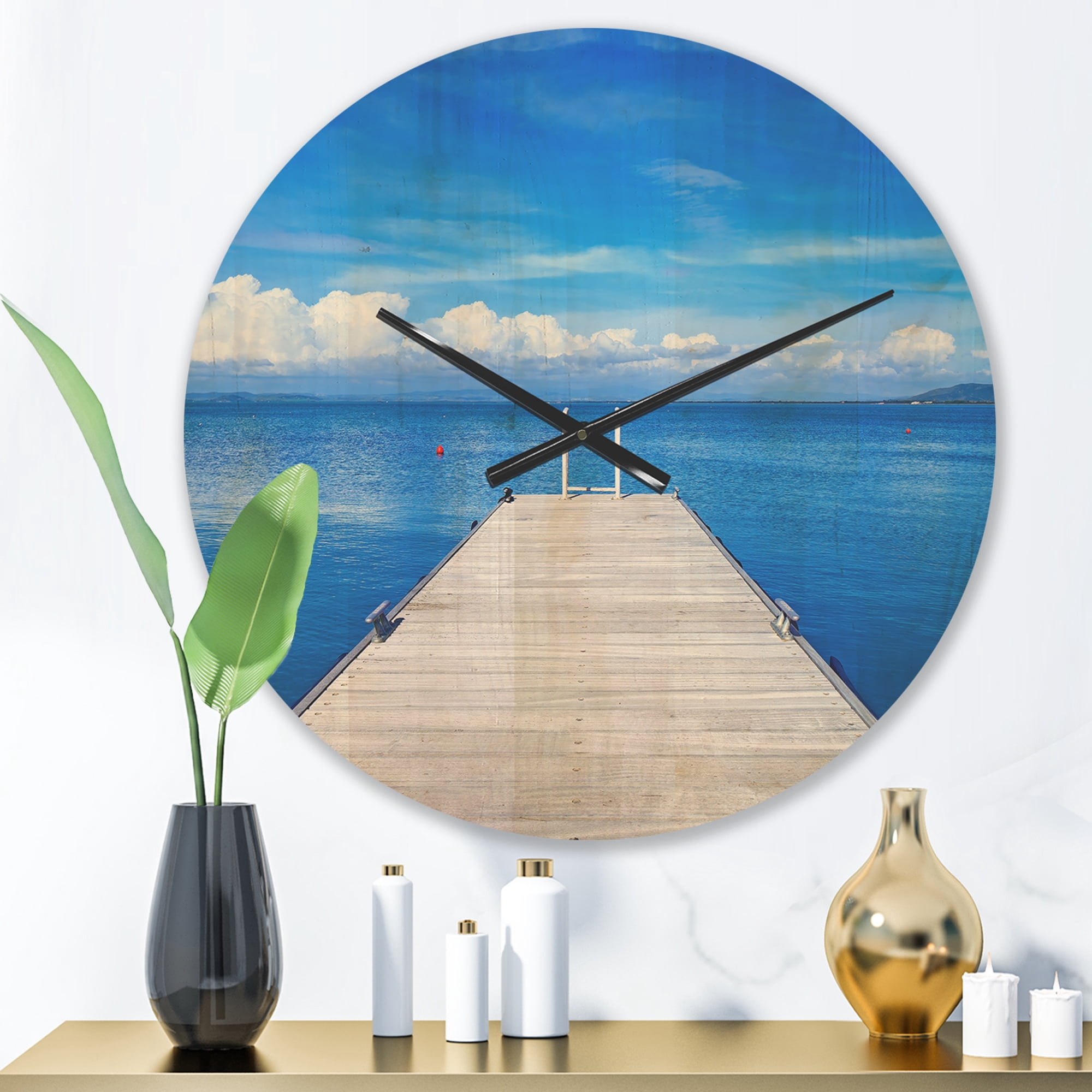 Designart 'Large Wooden Pier Over Blue Lake' Modern Wood Wall Clock