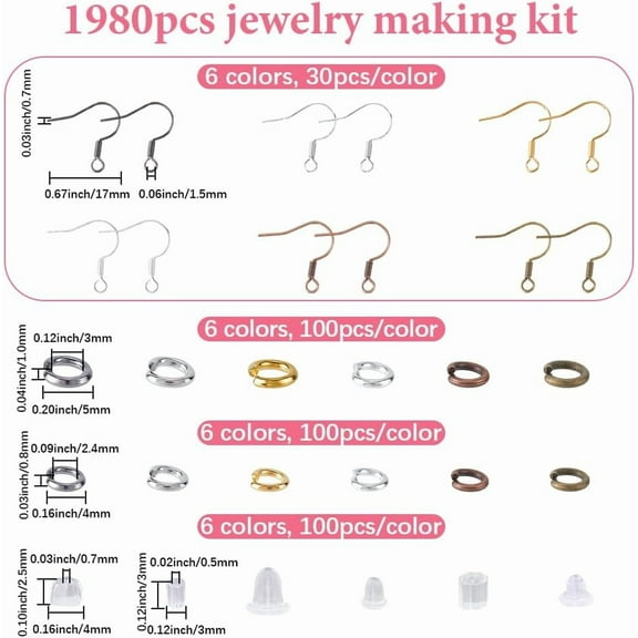 1 Box 1980Pcs 6 Colors Earring Making Supplies Kit Fish Hook Earring Kit with Jump Rings 6 Styles Ear Backs Accessories Earwire Hooks for Jewelry Making Supplies DIY Dangle Earrings Crafts