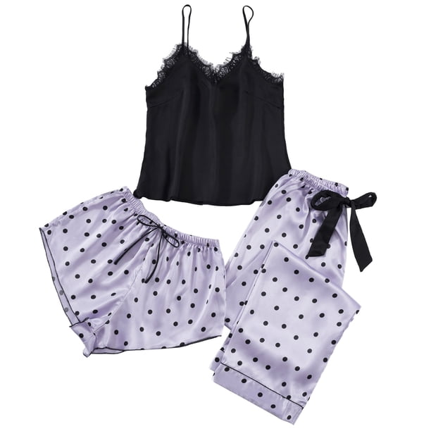 Pijama de Mujer Gibobby Dot Print Sexy Robe Lace Strap Ropa interior Pantalones cortos Pantalones largos 3PC