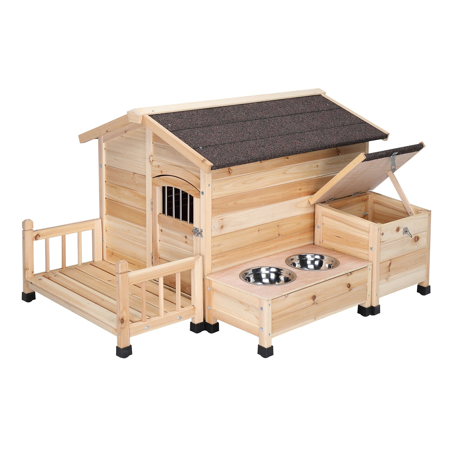 Pefilos 40" Wood Large Dog House Cabin Style Elevated Pet Shelter Pet Bunny House Outdoor Asphalt Roof Waterproof w/Porch, Feeding Bowl, Storage Box Cat House, Beige Pefilos 40" Wood Large Dog House Cabin Style Elevated Pet Shelter Pet Bunny House Outdoor Asphalt Roof Waterproof w/Porch, Feeding Bowl, Storage Box Cat House, Beige