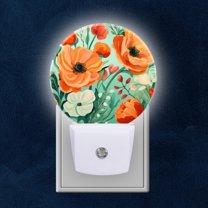 Night Light Plug into Wall,Dusk to Dawn Sensor Auto-On/Off for Bathroom, Hallway,Kids Room-Orange And Green Poppies And White Flowers With Turquoise Background