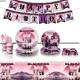 thumbnail image 2 of Vajilla desechable con tema de superestrella para niñas, color negro y rosa, suministros para fiestas, cartel de feliz cumpleaños, decoración de globos, adorno para tarta para niños, 2 of 5