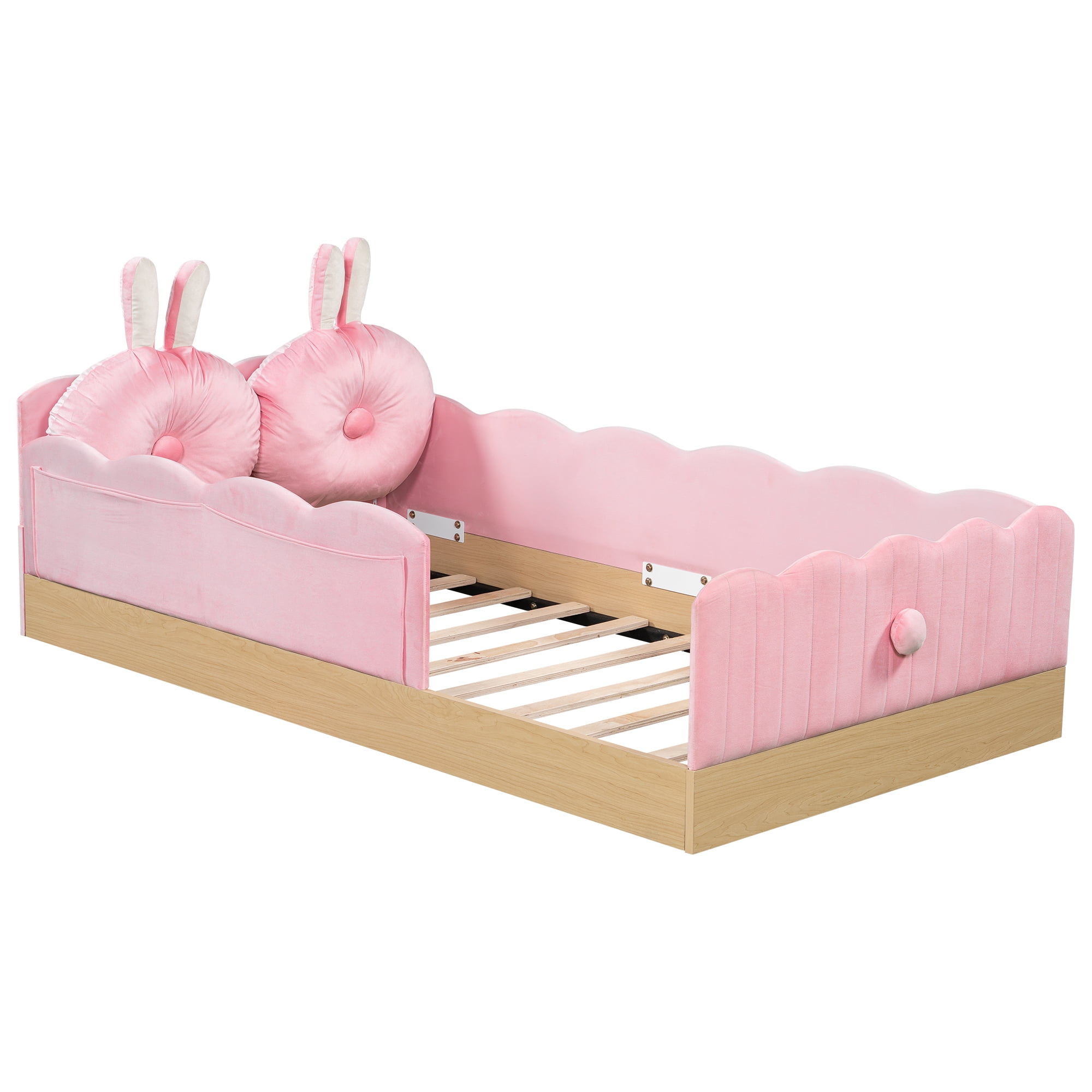 Euroco Upholstered Twin Size Platform Bed, Cartoon Floor Bed with Pillows and Storage Bags, Pink
