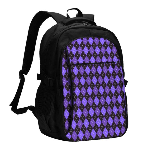 Fotbe purple argyle Mochila con Estampado y Puerto USB para Hombre y Mujer, Mochila Antirrobo, Mochila de Viaje, Mochila Escolar, Mochila Universitaria
