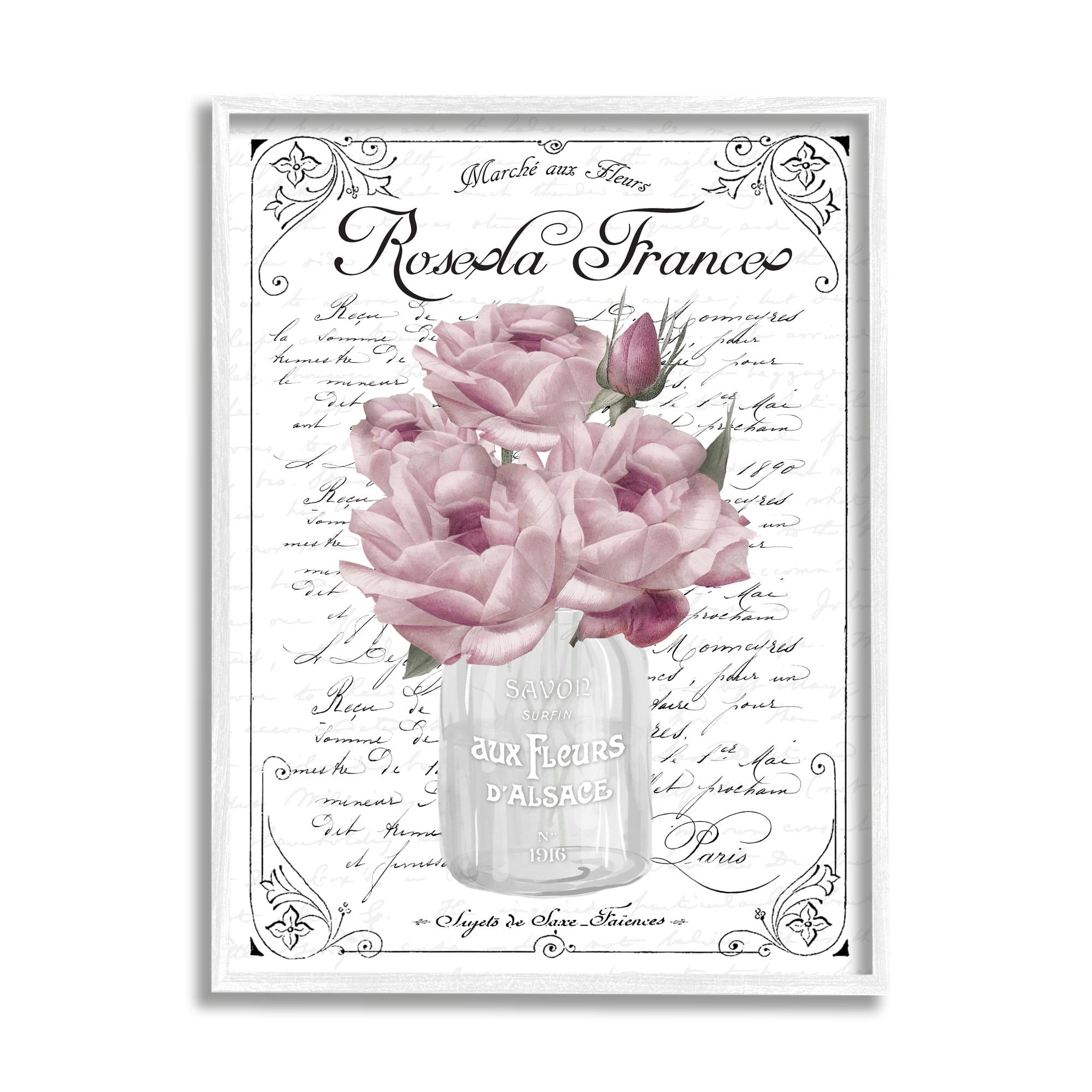 Stupell Industries Pink Roses Bouquet French Words Fancy Script Background Graphic Art White Framed Art Print Wall Art, Design by Lettered and Lined