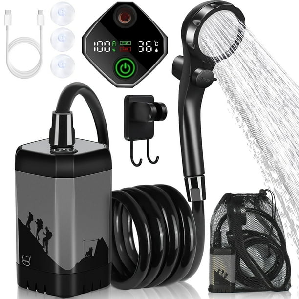 Ducha portátil para Acampar, 7800 mAh, Ducha eléctrica para Exteriores, Bomba Recargable con Pantalla Digital Inteligente, Cabezal de Ducha con Pantalla Temperatura para Acampar, Color Gris