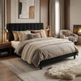 thumbnail image 3 of Full Size Bed Frame, Velvet Upholstered Platform Bed with Adjustable Vertical Channel Tufted Headboard, No Box Spring Needed, Easy Assembly, Black, 3 of 8